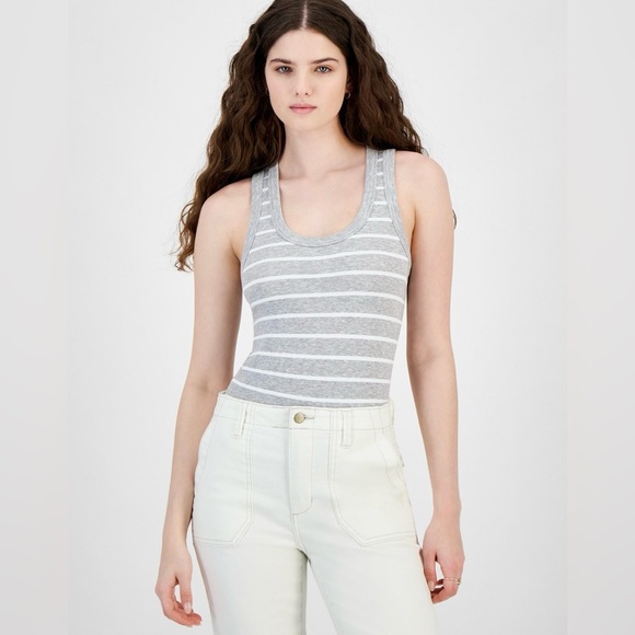 Junior’s Scoop-Neck Ultra Flirt Gray and White Striped bodysuit top - Picture 1 of 5